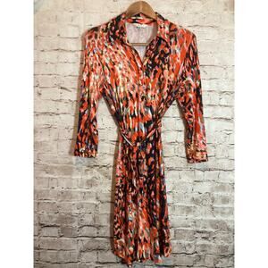 Cabi Dress Shirt Women Medium Popover Coral Watercolor Artsy Midi Belted Stretch